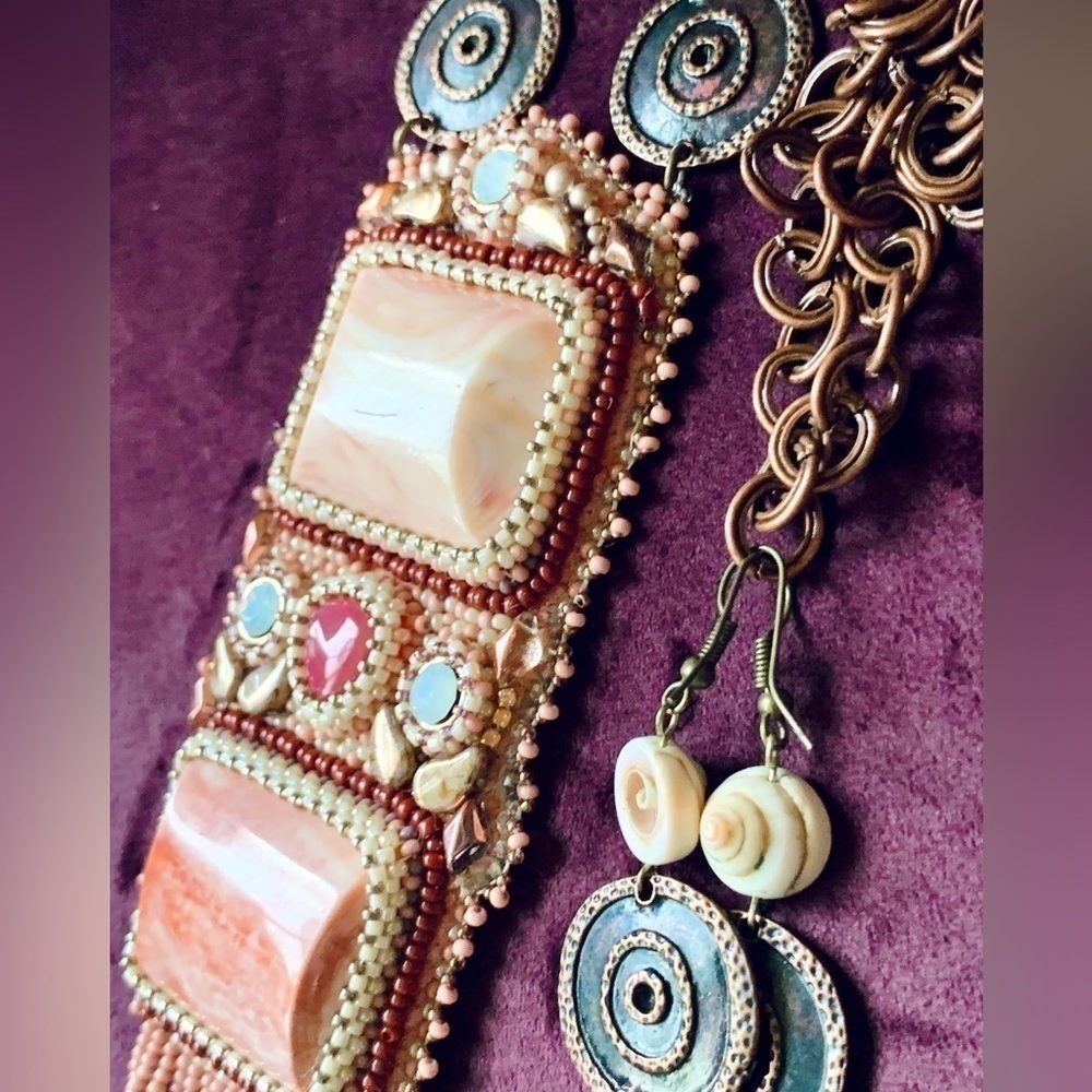 DANLENA Handmade Egyptian Red Sea Coral Bronze Necklace Earring Set Swarovski